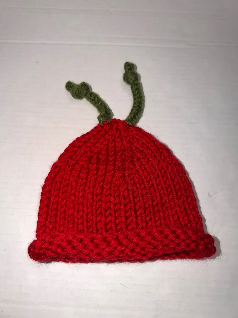 Red Knit Kids Beanie with Yellow Eye Detail and Green Antennae